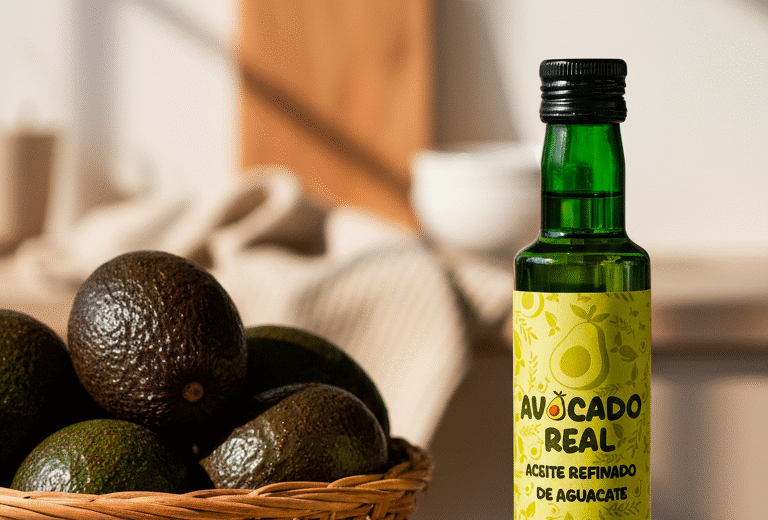 Botella de aceite de aguacate refinado Avocado Real sobre fondo de cocina con aguacates frescos y luz natural