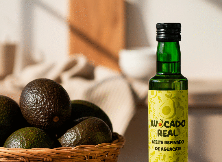 Botella de aceite de aguacate refinado Avocado Real sobre fondo de cocina con aguacates frescos y luz natural
