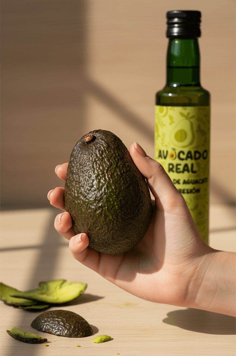 Mano sosteniendo aguacate junto a botella de aceite Avocado Real