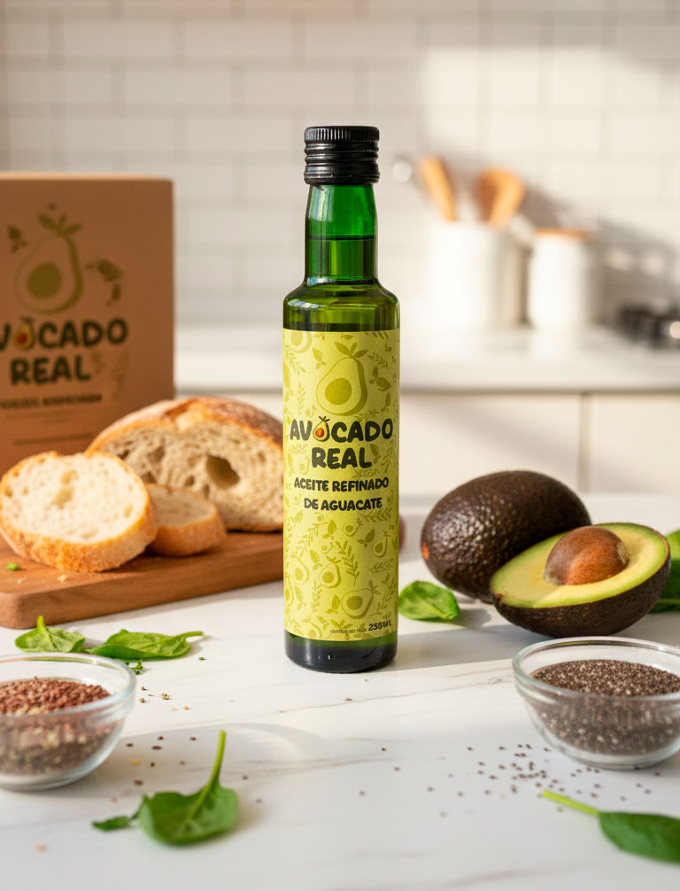 Botella de aceite de aguacate refinado Avocado Real junto a pan y aguacate
