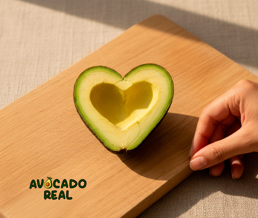 Mitad de aguacate en forma de corazón con mano sobre tabla de madera, símbolo de comida real