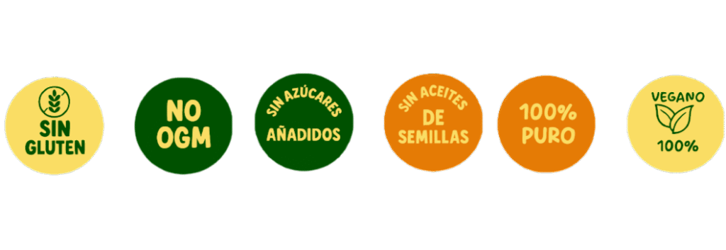 Sellos de calidad del aceite de aguacate Avocado Real: sin gluten, sin OGM, sin azúcares añadidos, sin aceites de semillas, 100% puro y vegano.