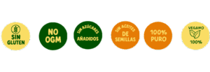 Sellos de calidad del aceite de aguacate Avocado Real: sin gluten, sin OGM, sin azúcares añadidos, sin aceites de semillas, 100% puro y vegano.