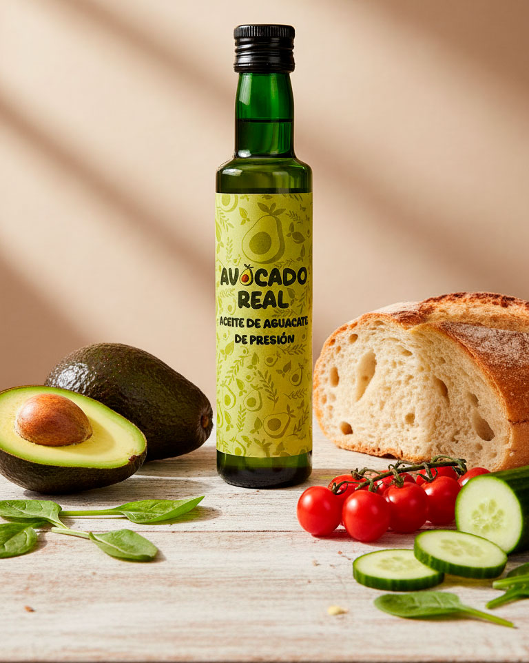 Botella de aceite de aguacate virgen extra Avocado Real con aguacates y pan saludable