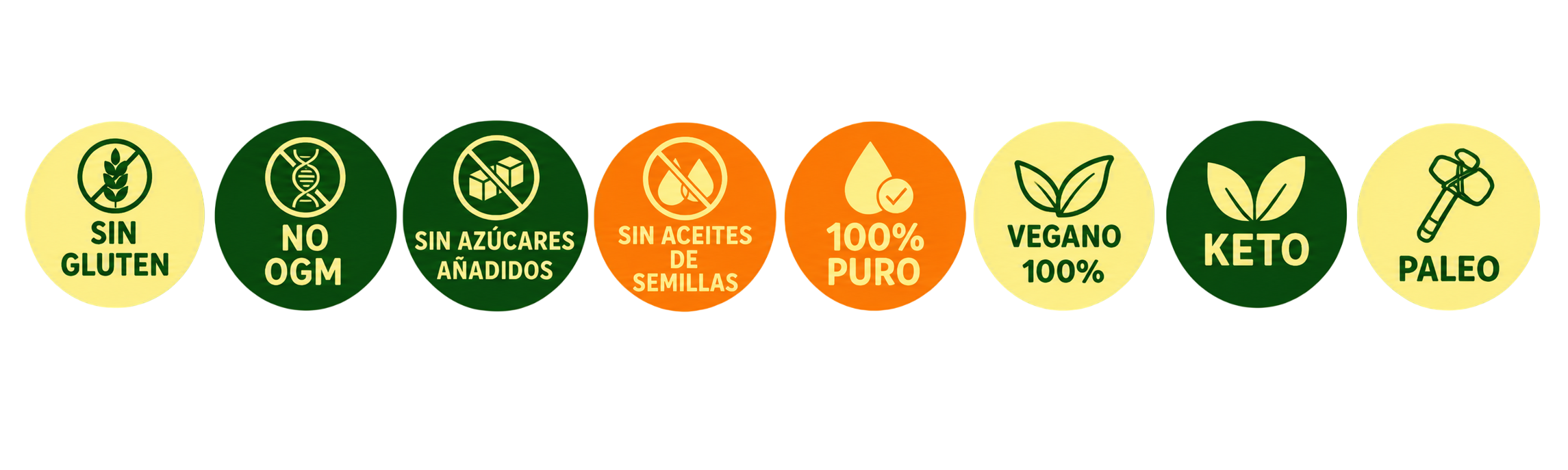 Sellos de calidad del aceite de aguacate Avocado Real: sin gluten, sin OGM, sin azúcares añadidos, sin aceites de semillas, 100% puro y vegano.