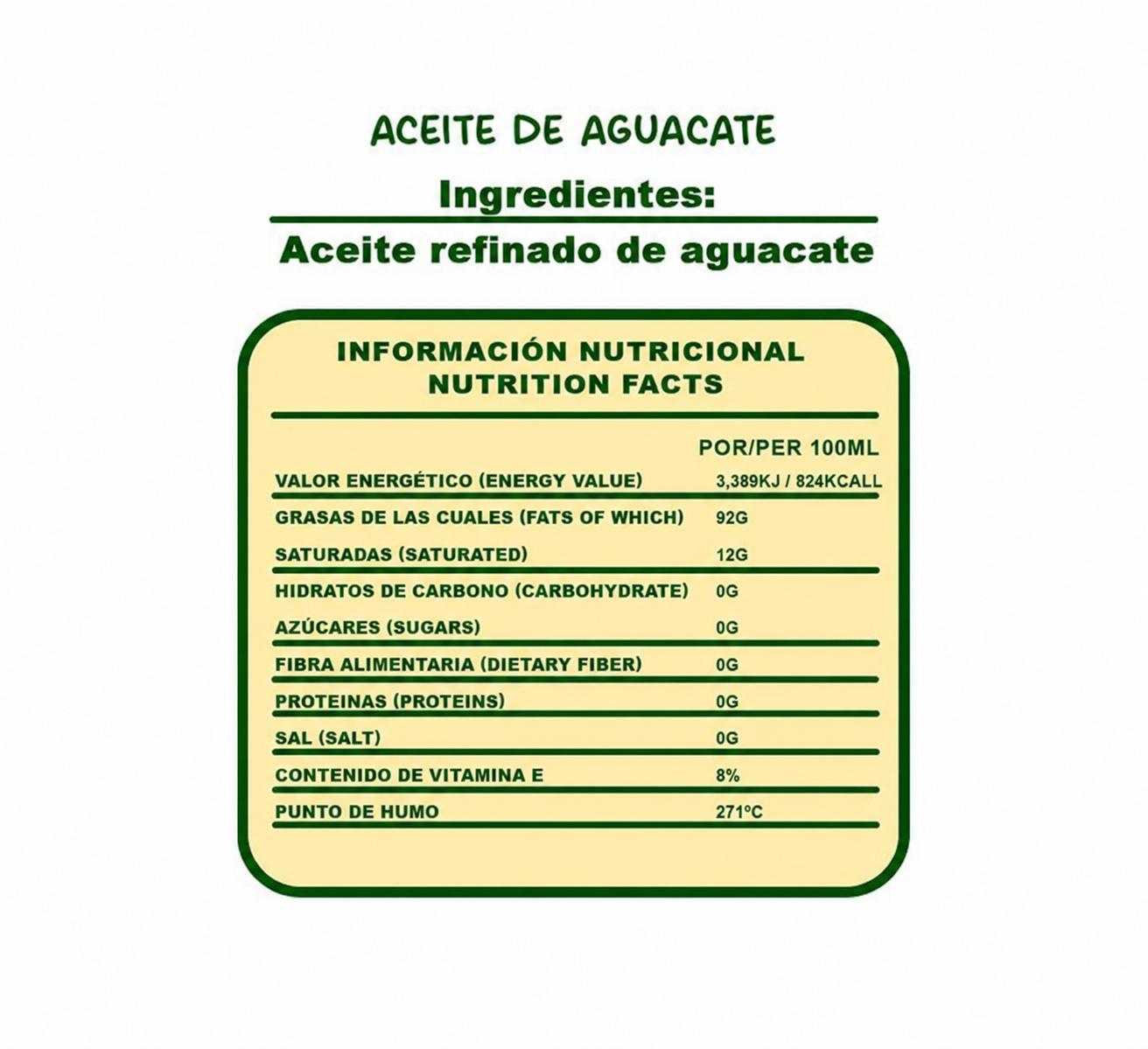 Tabla nutricional del aceite de aguacate Avocado Real 3 litros